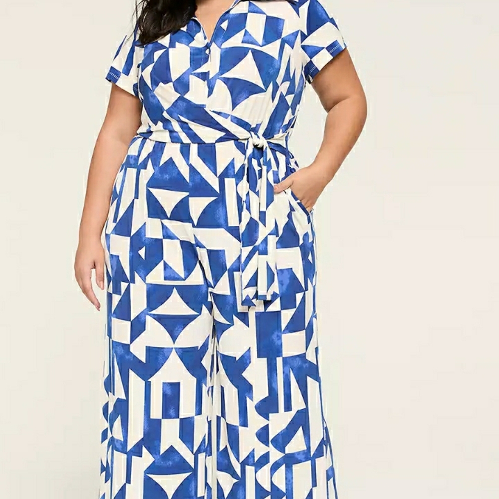 Lane Bryant Blue and White Geometric Jumpsuit